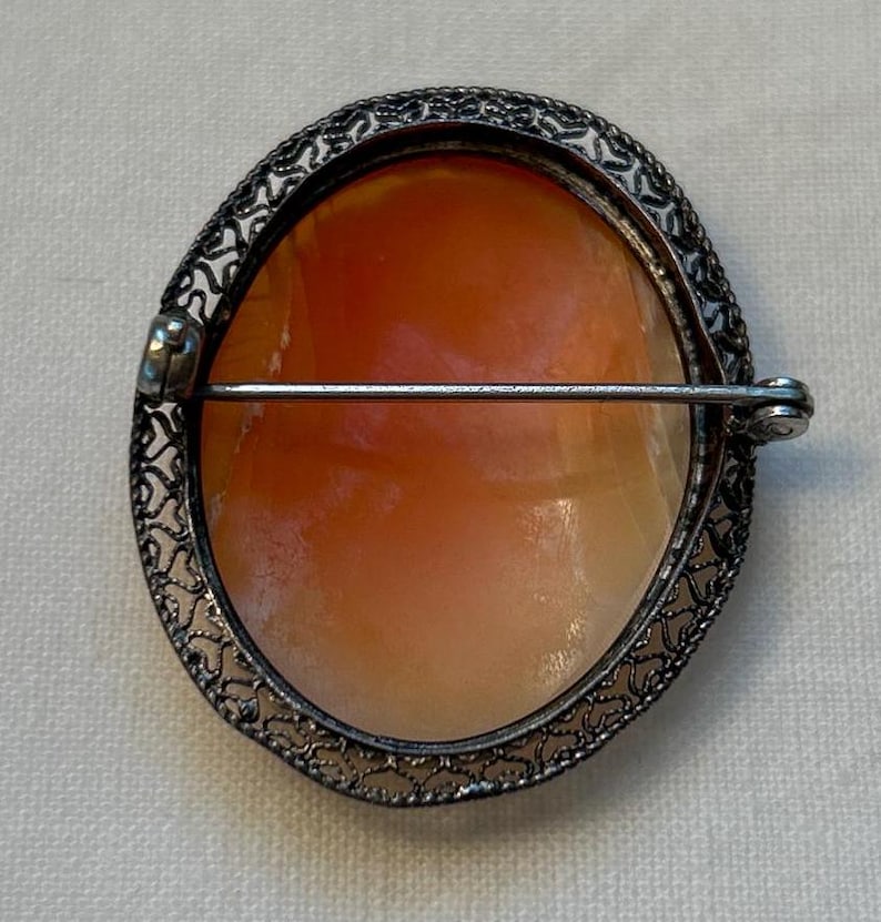 May include: A silver cameo brooch with a delicate filigree design. The cameo is made of shell and features a raised image. The brooch has a pin and catch closure.