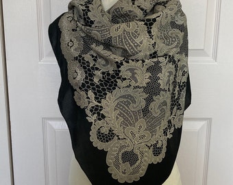 talbots silk scarf . talbots scarf .  black lace scarf . Talbots lace print silk scarf