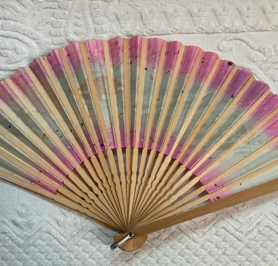 vintage hand fan . floral fan . hand fan . wood and p… Gem