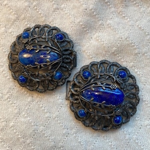 Ornate Lapis Lazuli Belt Buckles: 70s Vintage Metal