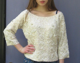 beaded batwing sweater . Cream Sequin Sweater . beaded Retro Sweater . Batwing Sequin . Helen Wong . batwing sweater