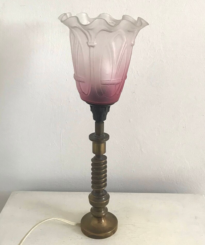 Pink Table Lamp Antique Brass Art Nouveau Glass Candlestick