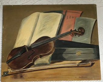 original mid century oil painting . midcentury painting . still life with violin . original painting  . violin painting . F. McMillan