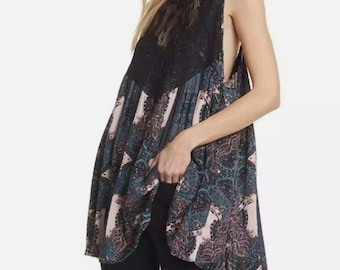 Vintage Free People Tunic Top: Teal Pink Black Lace, Size L
