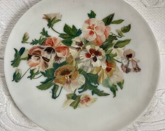 milk glass plate. hand painted plate . pansy plate  .decorative plate