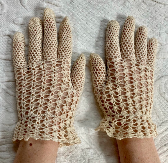 crochet gloves . cream crochet gloves . hand made… - image 1