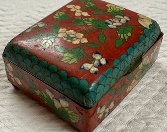 Antique Chinese cloisonne box . hand painted box . enamel box . hand painted enamel