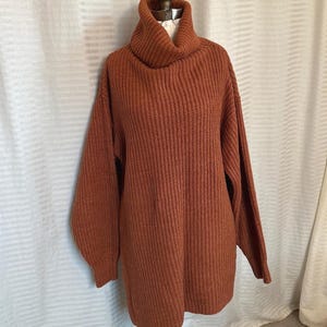 May include: A rust-colored, oversized sweater dress with a ribbed knit texture and a turtleneck collar. The long sleeves have a slight balloon shape. The dress is displayed on a mannequin against a white background.