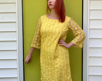 60s Yellow Lace Cocktail Dress - Bell Sleeves. bespoke MCM dress