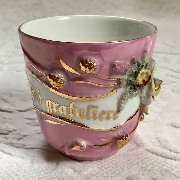 Victorian tea cup . German language . kitschy cup . Ich gratuliere . congratulations . pink lusterware