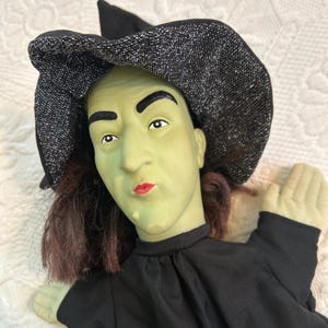 May include: A green-skinned witch doll with a black hat and black dress. The witch has dark eyebrows, red lips, and brown hair. The hat has a sparkly, silver-gray pattern. The doll's hands are a pale green color.