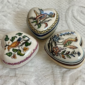 heart shaped ceramic box .  3 ceramic boxes . lot of 3 . heart boxes . bird box . made in Portugal . trinket box