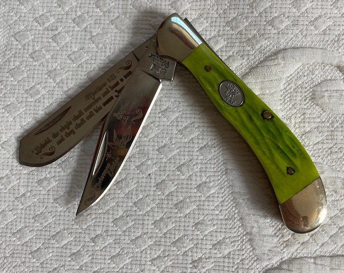 Pocket Knife . Steel Warrior . Religious Engraving . Green Etsy