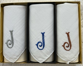 Mouchoir de gentleman. Monogramme « J ». Mouchoir monogrammé . lot de 3 . mouchoir de poche en coton