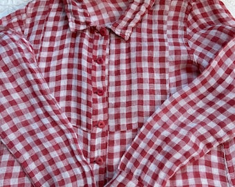 Vintage Flax Linen Blouse: Red Gingham Button-Down Top