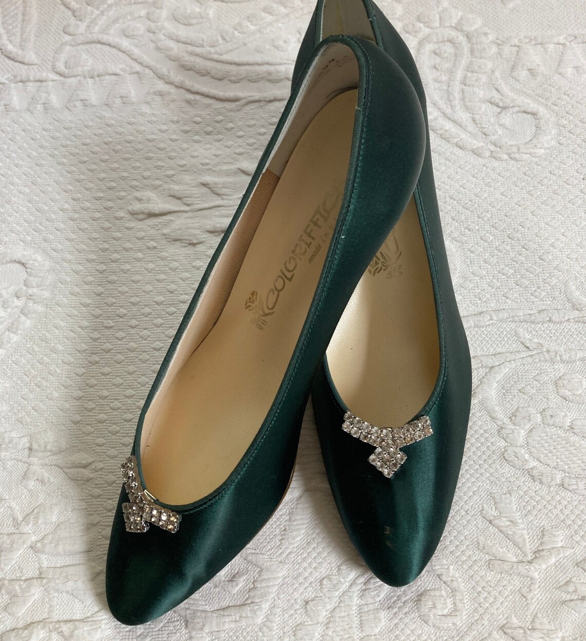60s Dark Green Satin Pumps . Rhinestone Shoe Clips .size 10 M Etsy