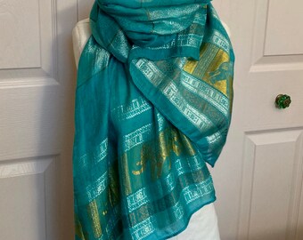 turquoise silk scarf / shawl . elephants on parade