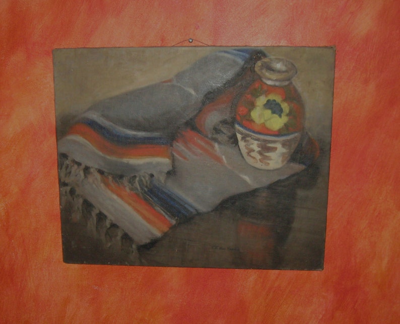 oil painting . southwestern still life . blanket and vase still life . Clara Noke Thomas Mac Kannan image 2