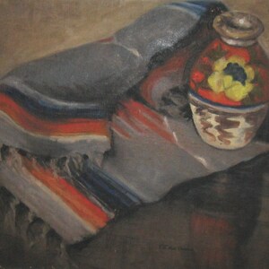 oil painting . southwestern still life . blanket and vase still life . Clara Noke Thomas Mac Kannan image 1