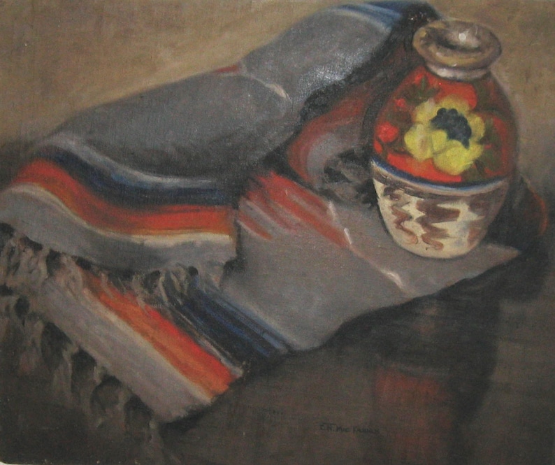 oil painting . southwestern still life . blanket and vase still life . Clara Noke Thomas Mac Kannan image 1