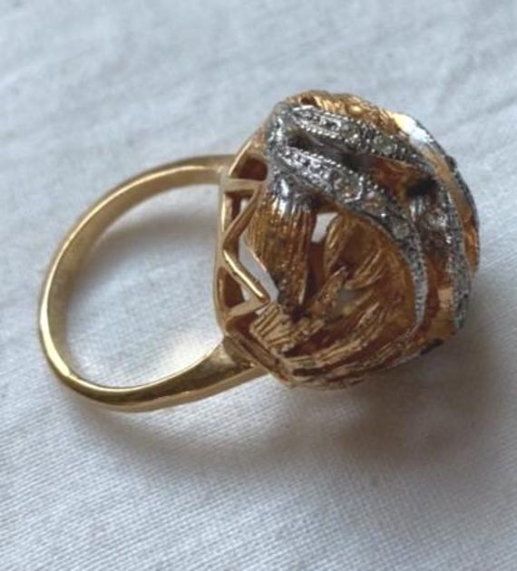 Gold Plated Statement Ring: 70s Rhinestone Cockta… - image 2