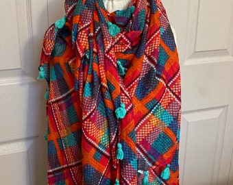 plaid shawl . plaid scarf . Vera Bradley shawl . large scarf. tassel scarf