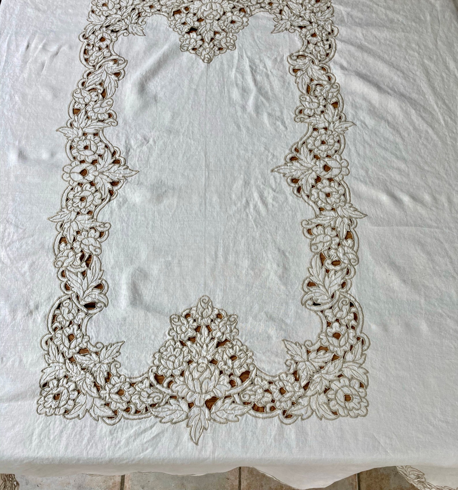 Victorian linen tablecloth . embroidered tablecloth . cut out Etsy