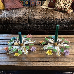midcentury Italian flower candleholders . flower and leaf candleholder . tole . made in Italy . florentine candleholder