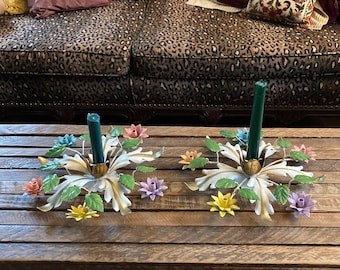 Midcentury Italienische Tole Blumen Kerzenhalter: Florentiner Dekor