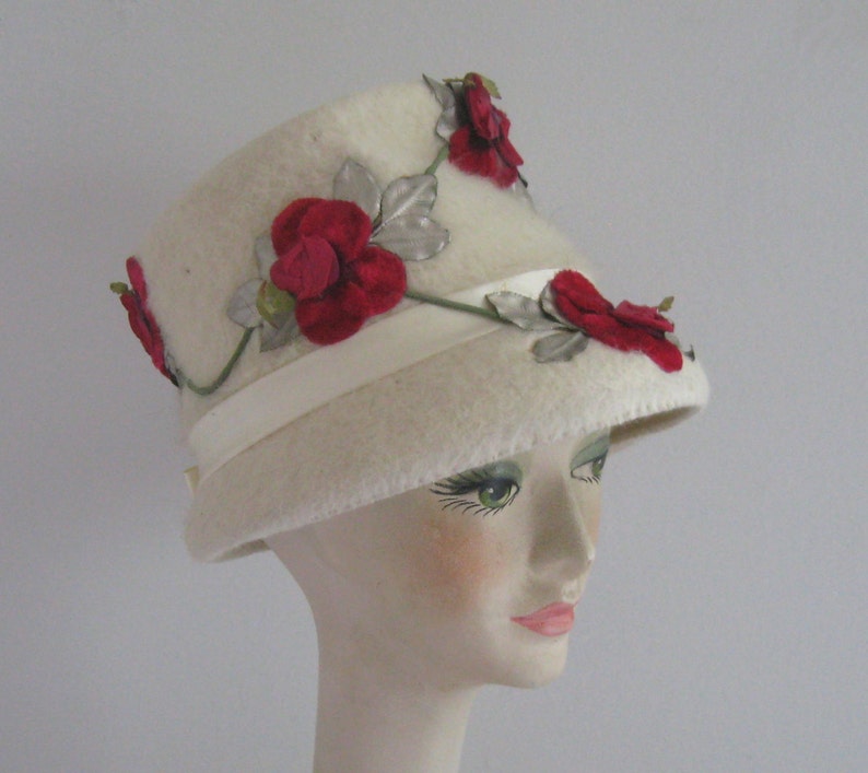 Lampshade hat . red roses hat . felt hat with roses . cream Etsy