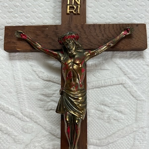 Vintage German Wood Crucifix with Brass Jesus (12&quot; x 6&quot;)