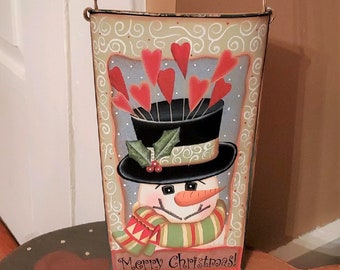 SALE - Merry Christmas Snowman wall hanging - winter Holiday decor wall pocket, pouch