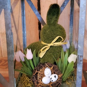 Primitive Spring Country Barn Lantern - Moss Bunny, birds nest with eggs, tulips, Rustic Home decoration lamp