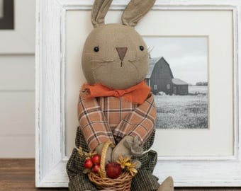 Primitive Fabric Bunny – Autumn Harvest Floral Basket, Farmhouse Decor