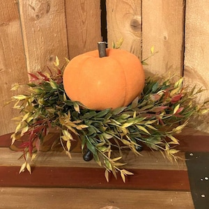 Primitive Country Pumpkin on bronze stand - Fall arrangement, centerpiece