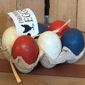 Primitive Eggs in Carton - Farmhouse decor, primitive shelf sitter Rustic decor Faux antiqued eggs Patriotic Red White Blue