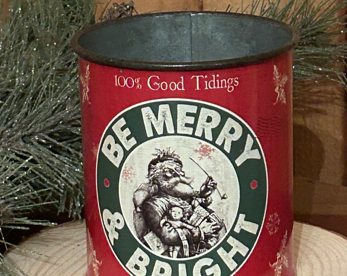 Christmas Santa Vintage Metal Can, Winter Holiday Bucket, Merry ...