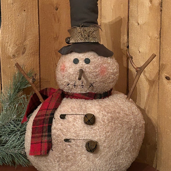 Vintage Country Snowman - winter Christmas decor, hat scarf, rusty bells, distressed