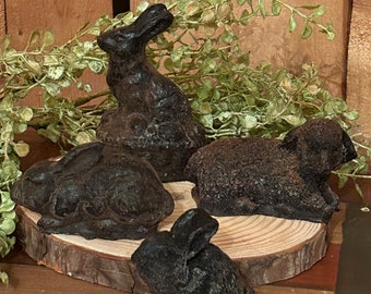 Small Primitive Blackened Beeswax Lamb, Bunny, Spring figurines, Rabbit, bowl fillers