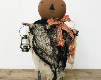 Rustic Primitive Halloween Pumpkin Doll - Fall, Harvest Ghost Figure Rustic with lantern