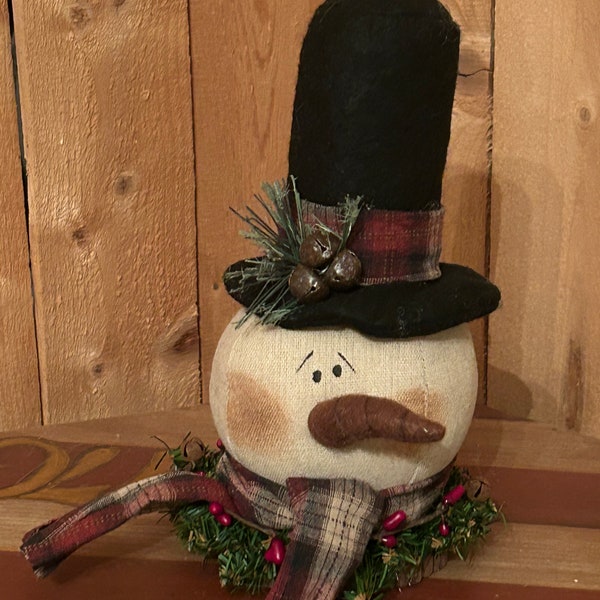 Rustic Country Snowman on wood base - winter Christmas decor, snow shelf sitter evergreen, berries, bells