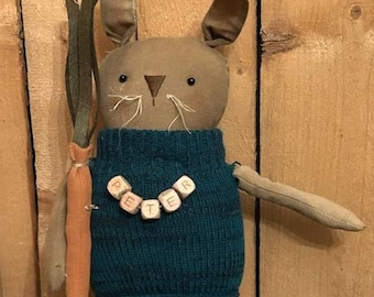 SALE Primitive Bunny - cute chubby bunny with carrot Easter, Spring, Garden Home decoration.  Farmhouse Rabbit.  Peter Rabbit