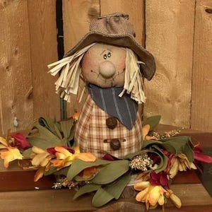 Primitive Country Scarecrow on wood slice, Fall flowers, berries, arrangement, centerpiece,
