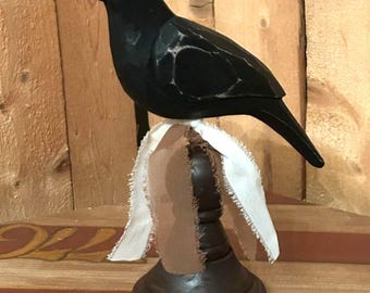 Primitive Country Crow on rustic spindle- Halloween decoration, folk art decor