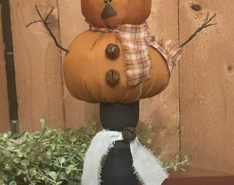 Primitive Country Pumpkin on black wood stand- Fall arrangement, centerpiece,