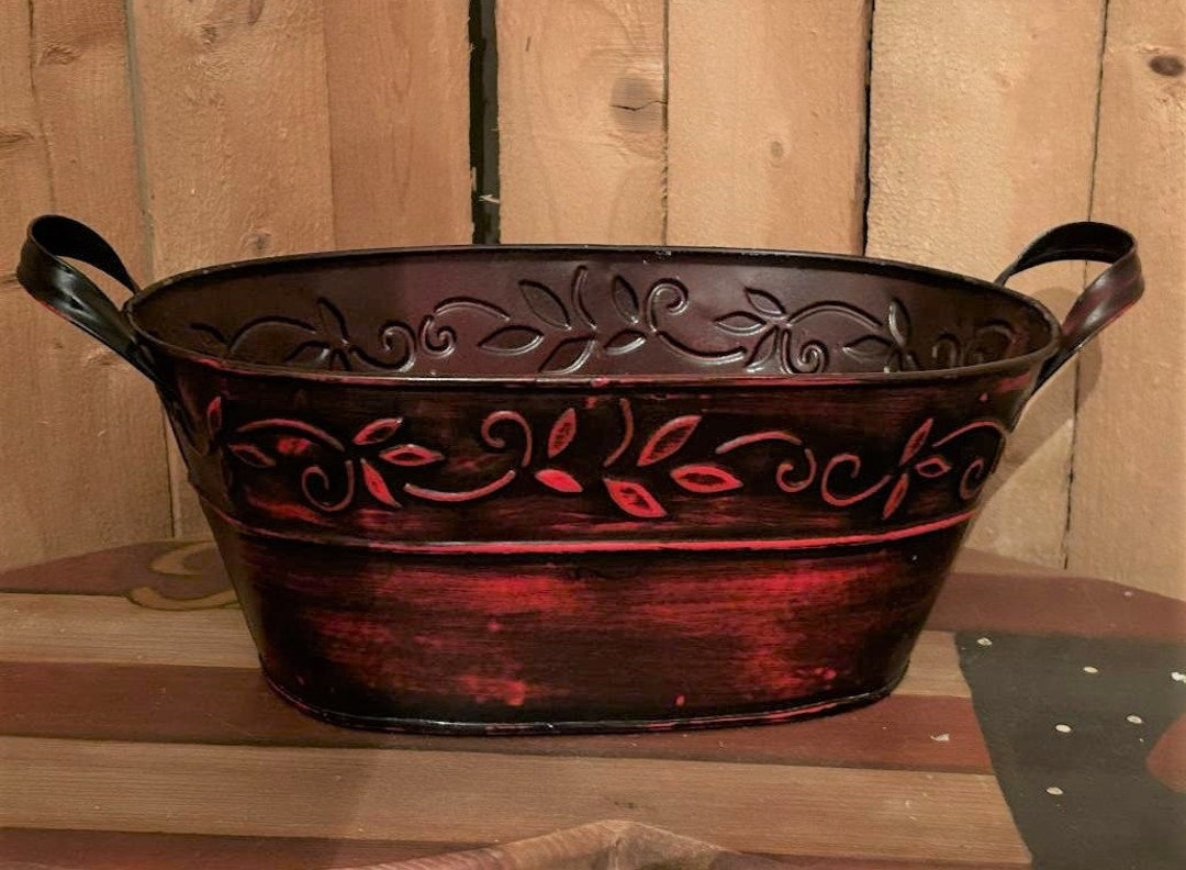Red Antiqued Decorative Bucket Tin Gift Basket Embossed Etsy