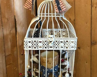 Primitive Patriotic Bird Cage Centerpiece, LED Candle, Berries, Stars (Timer)