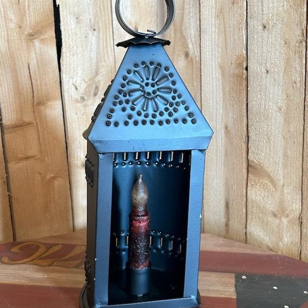 SALE! Primitive Punched black metal Lantern with battery operated taper candle, candle holder