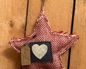 SALE Rustic Patriotic fabric star with denim heart and Old Glory tag ornament, USA, red, white blue decor, Americana