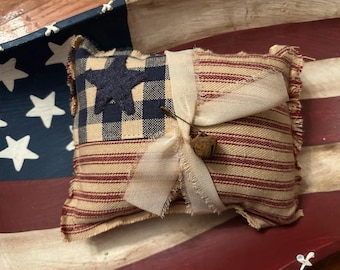 Rustic Patriotic Fabric Flag Ornament, Ticking Stripe, Plaid Star, Rusty Bell